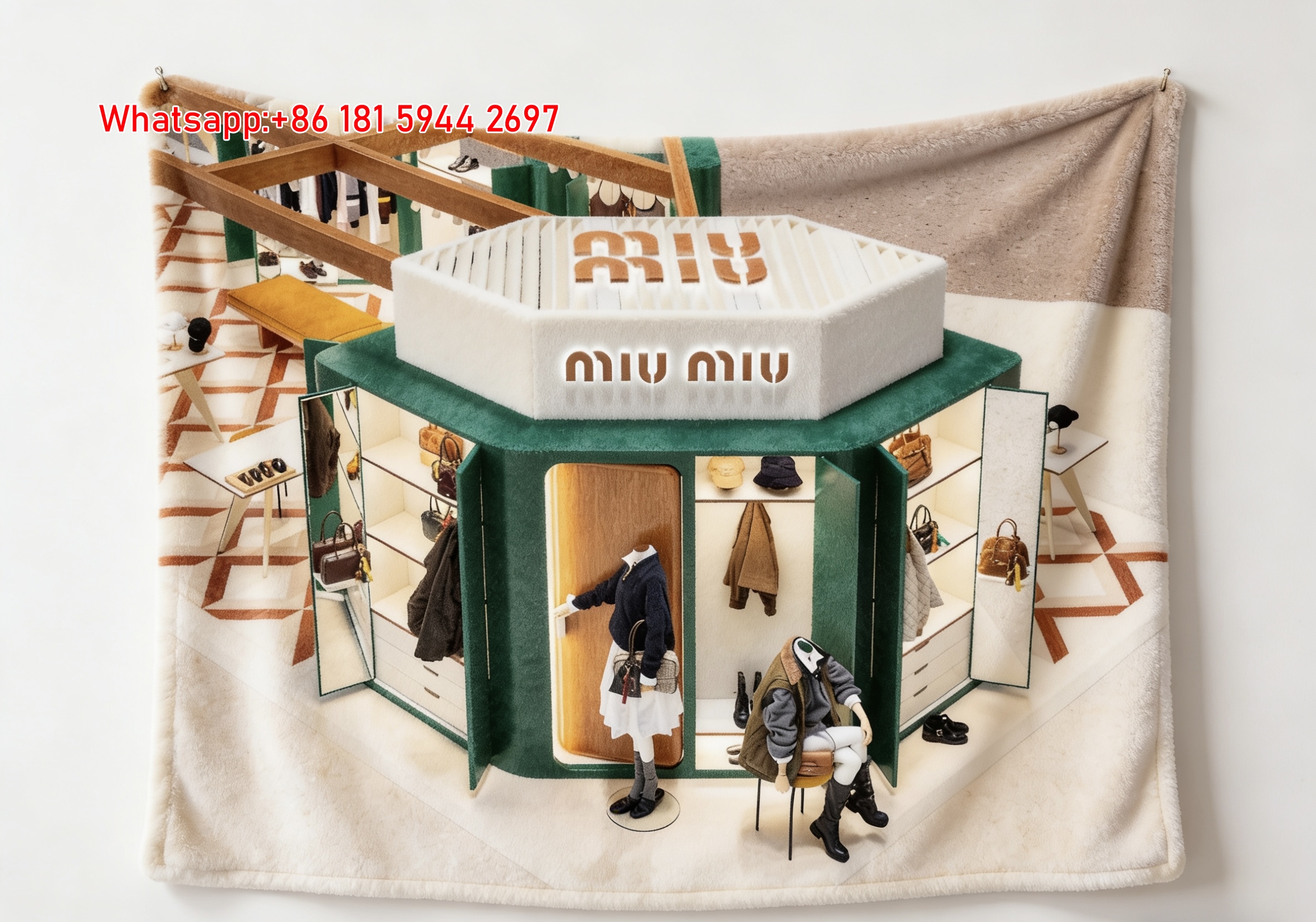 Miu Miu Emerald Green Pop-Up Store Print Flannel Sofa Throw Blanket - Luxury Wood Accent IMG_0528